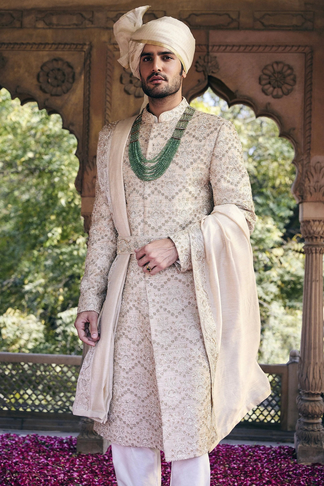 Cream Pitta and Sequins Embroidered Sherwani - Asuka Couture