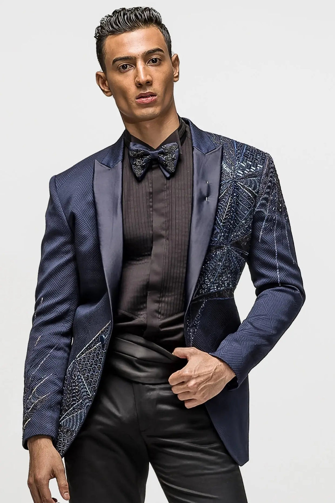 Night Skies Ink Blue Embellished Tuxedo - Asuka Couture