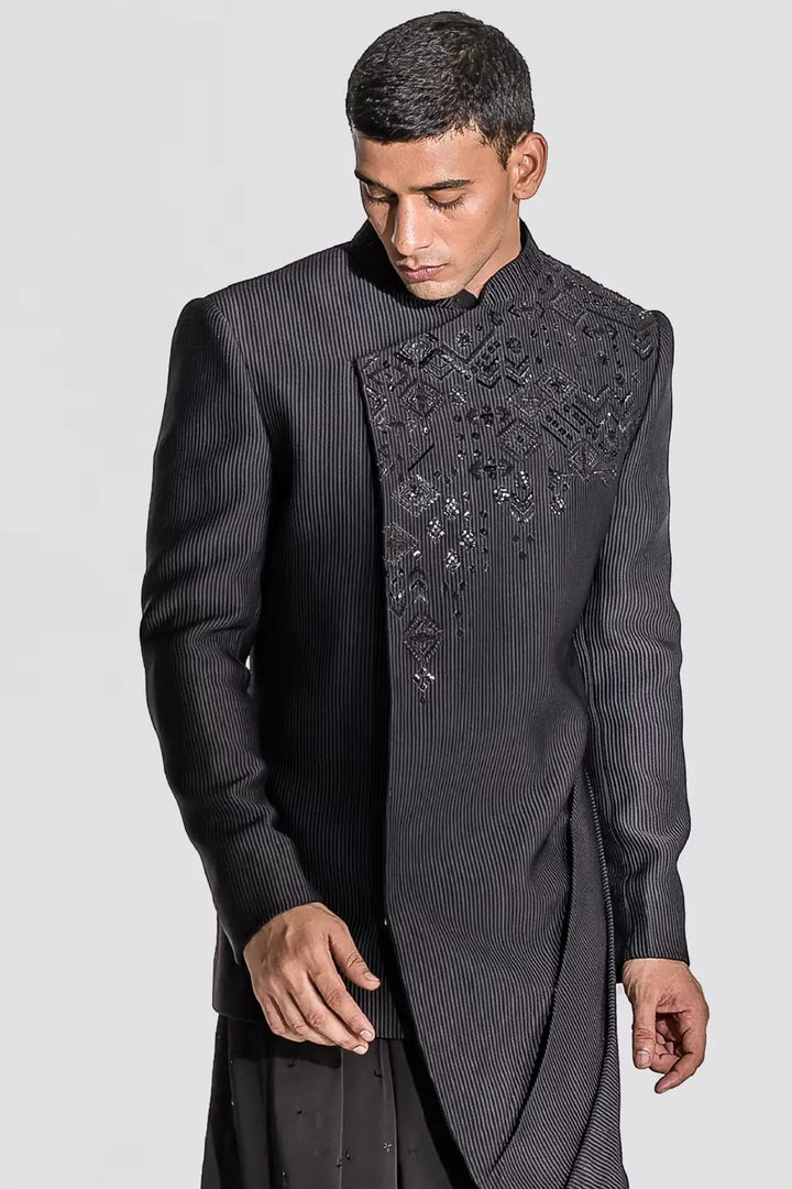 Minimally Magnificent Black Asymmetrical Angrakha Achkan - Asuka Couture