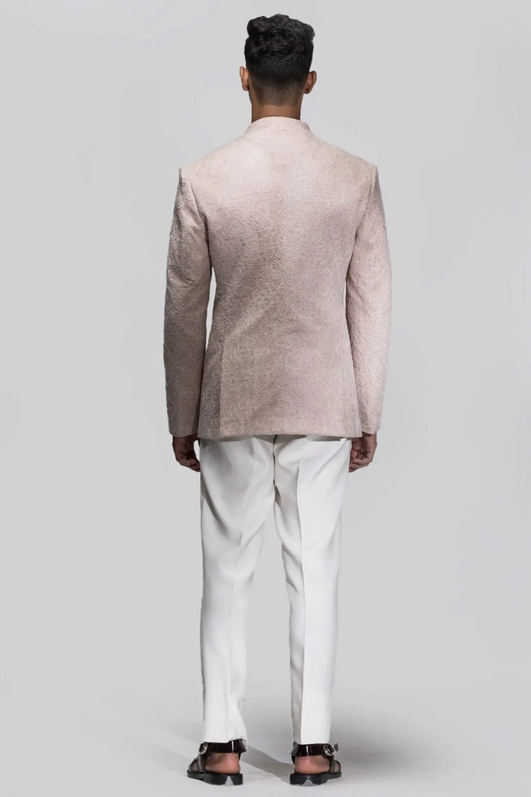 Baby Pink Moti Work Velvet Bandhgala - Asuka Couture