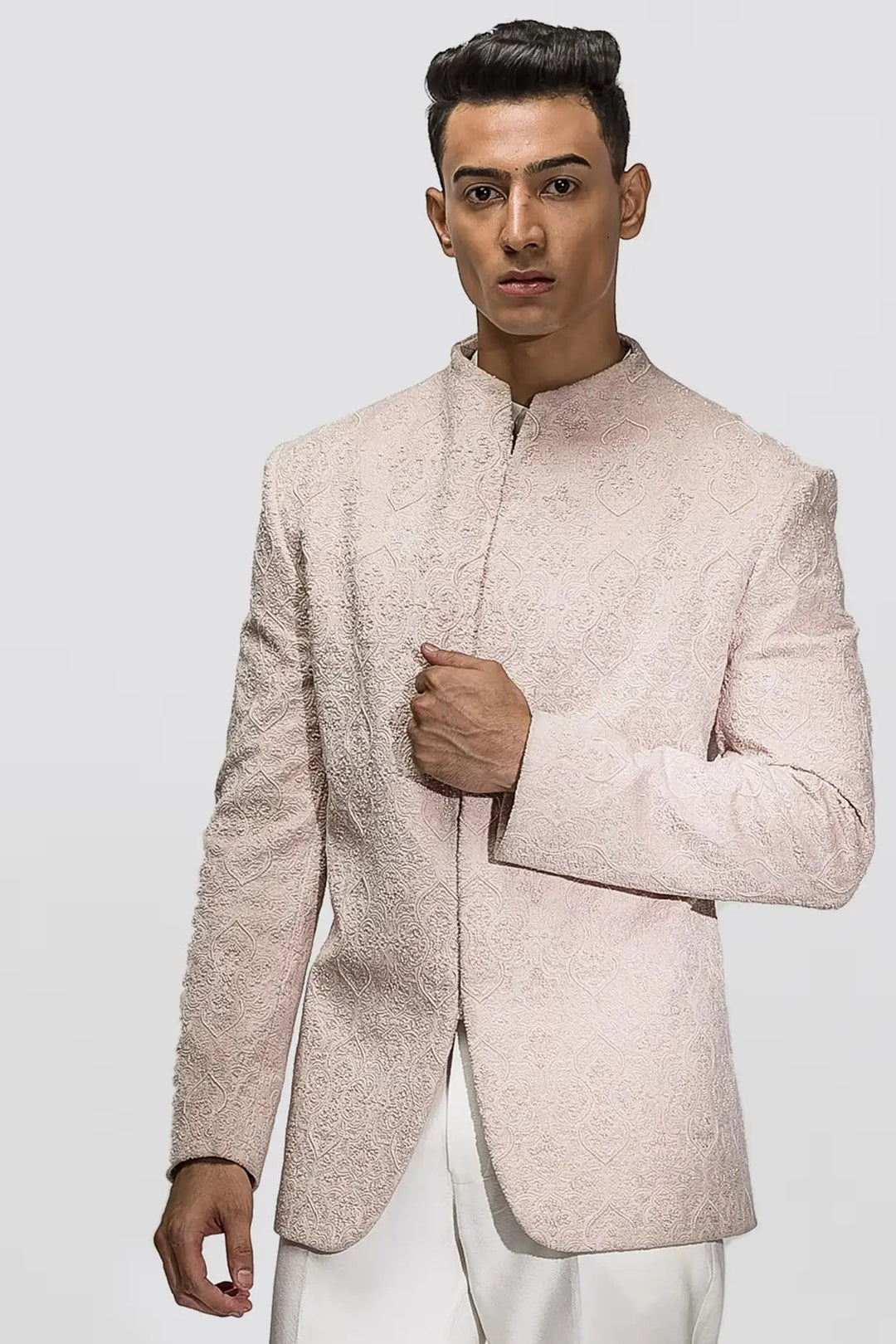 Baby Pink Moti Work Velvet Bandhgala - Asuka Couture
