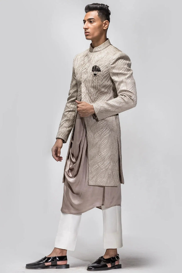 Beige Asymmetric Embroidered Angrakha - Asuka Couture