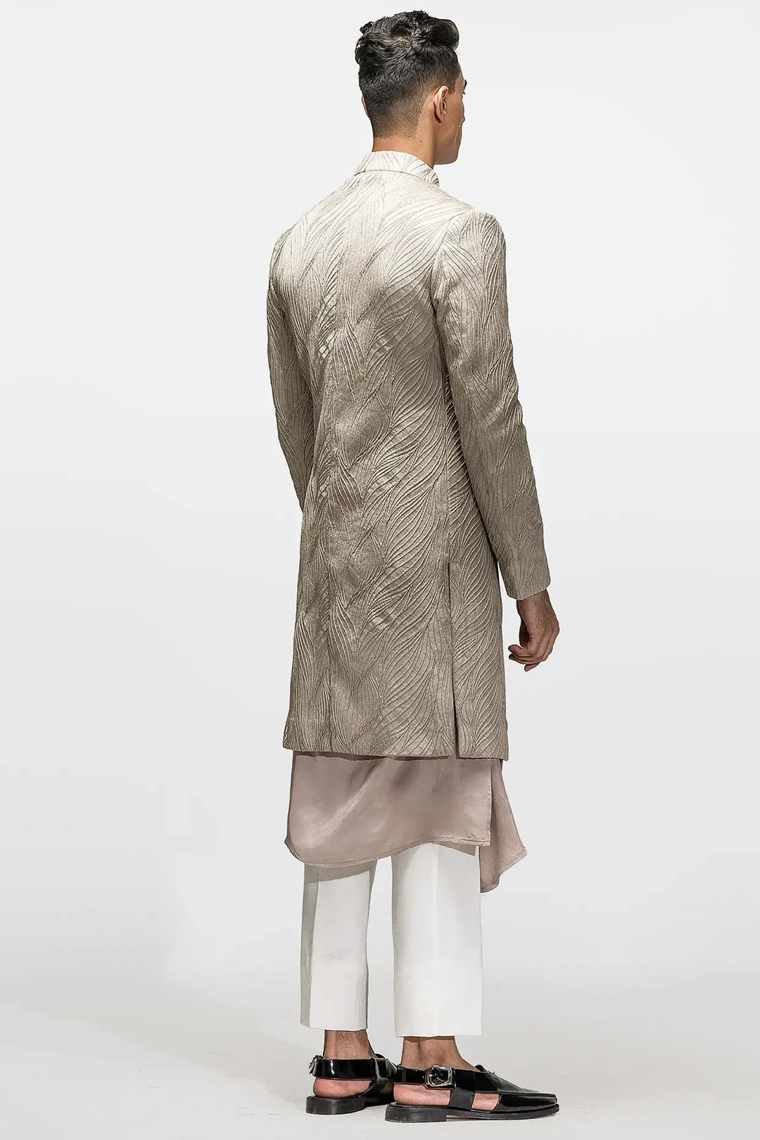 Beige Asymmetric Embroidered Angrakha - Asuka Couture