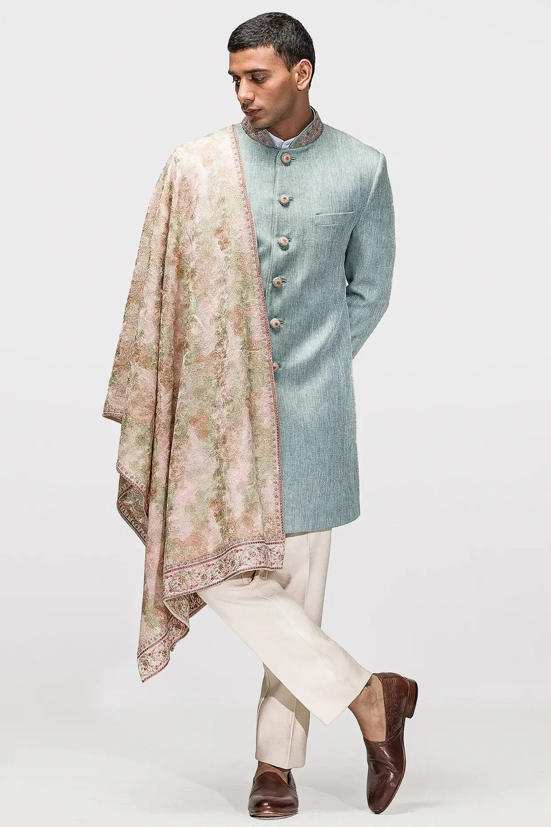 Cyan Blue Matka Silk Achkan - Asuka Couture