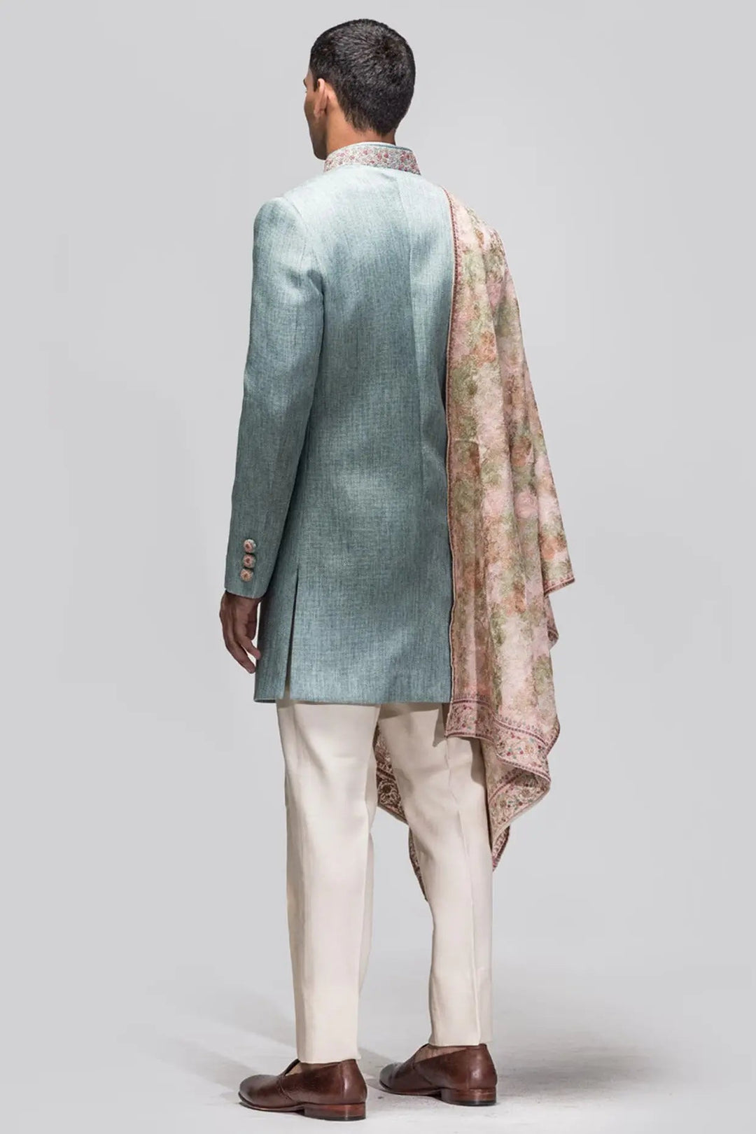 Cyan Blue Matka Silk Achkan - Asuka Couture
