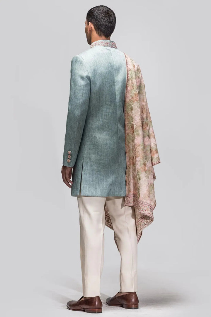 Cyan Blue Matka Silk Achkan - Asuka Couture