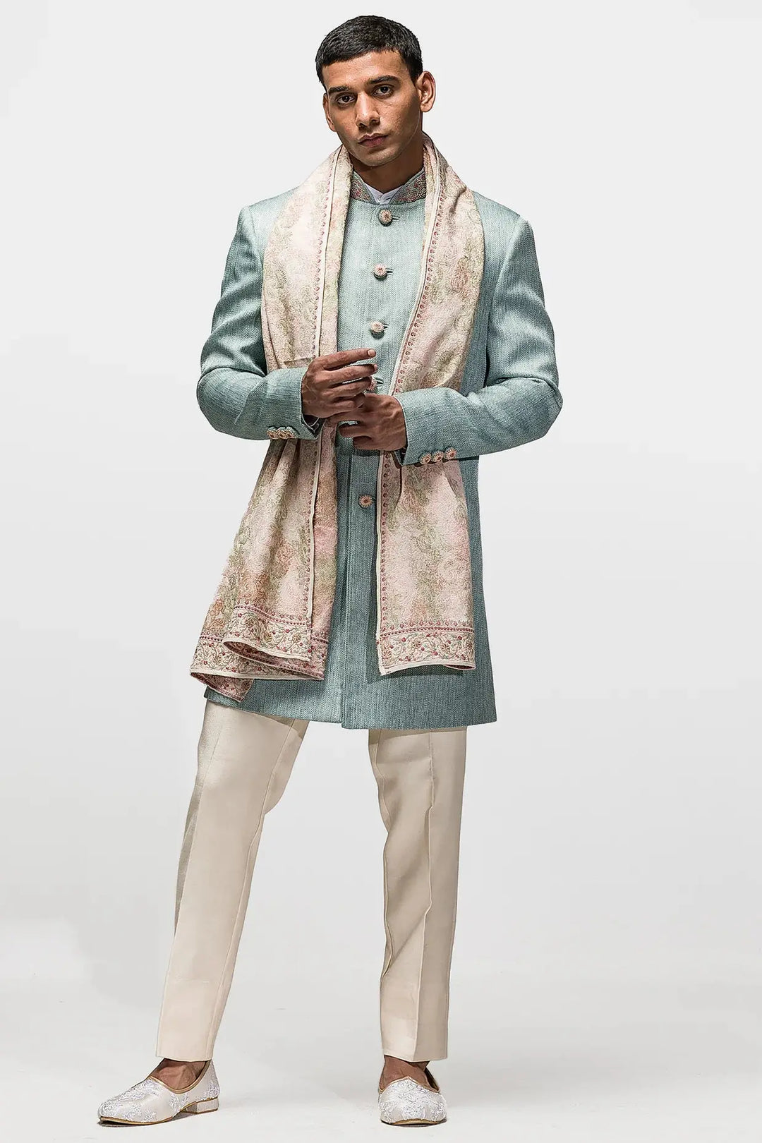 Cyan Blue Matka Silk Achkan - Asuka Couture