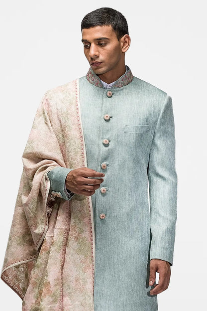Cyan Blue Matka Silk Achkan