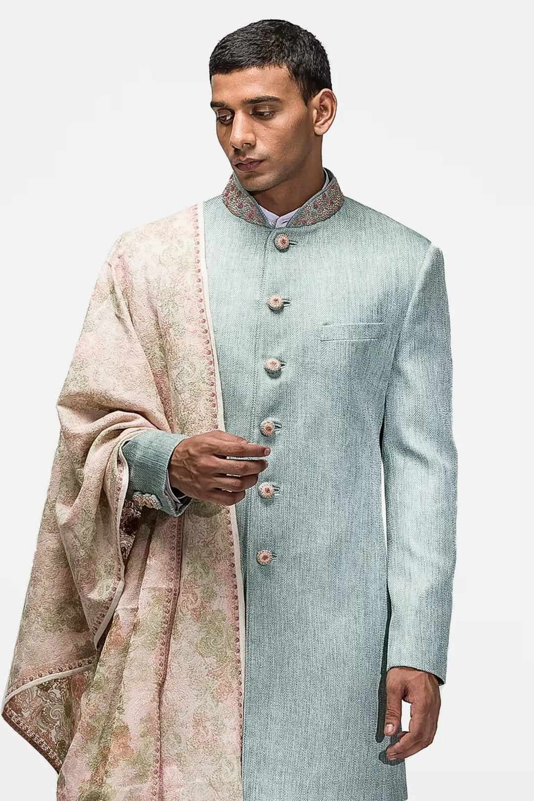 Cyan Blue Matka Silk Achkan - Asuka Couture