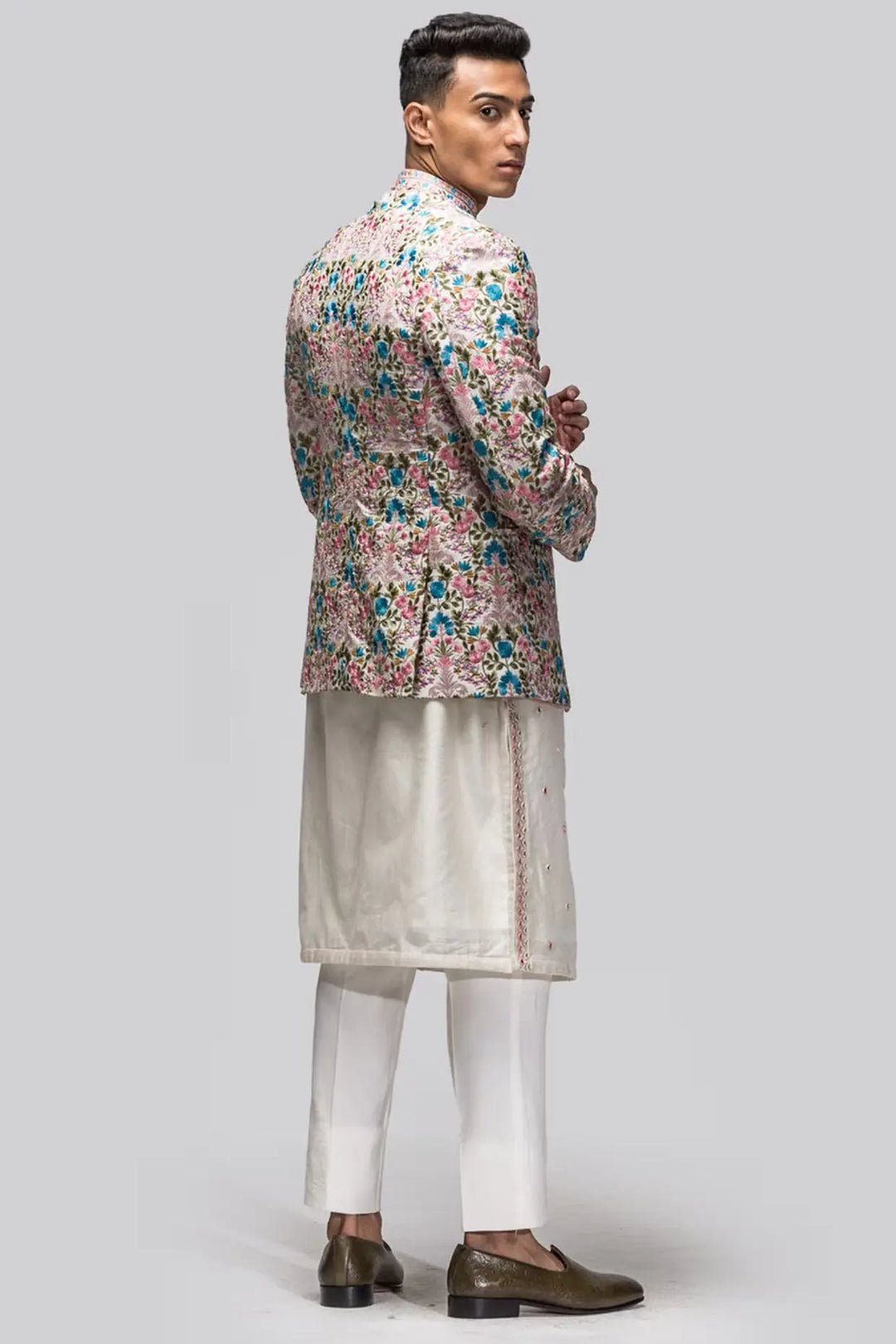 Multicoloured Floral Resham Embroidery Bandhgala - Asuka Couture