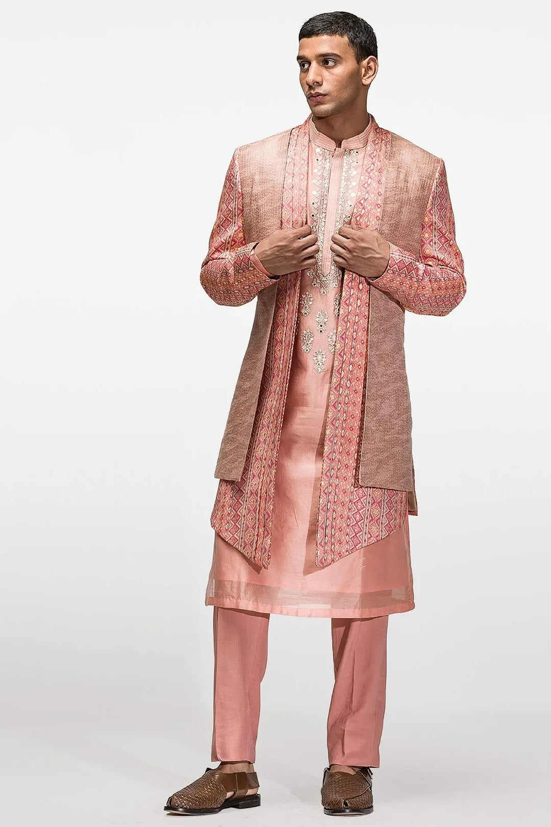 Salmon Pink Mirror Work Open achkan - Asuka Couture