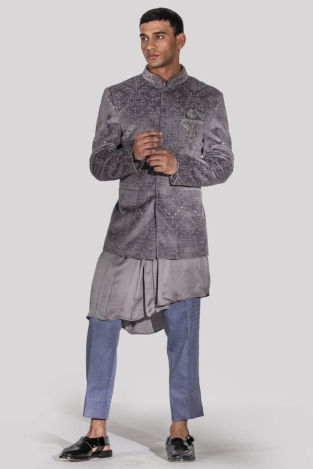 Charcoal Grey Geometric Embroidery Bandhgala - Asuka Couture