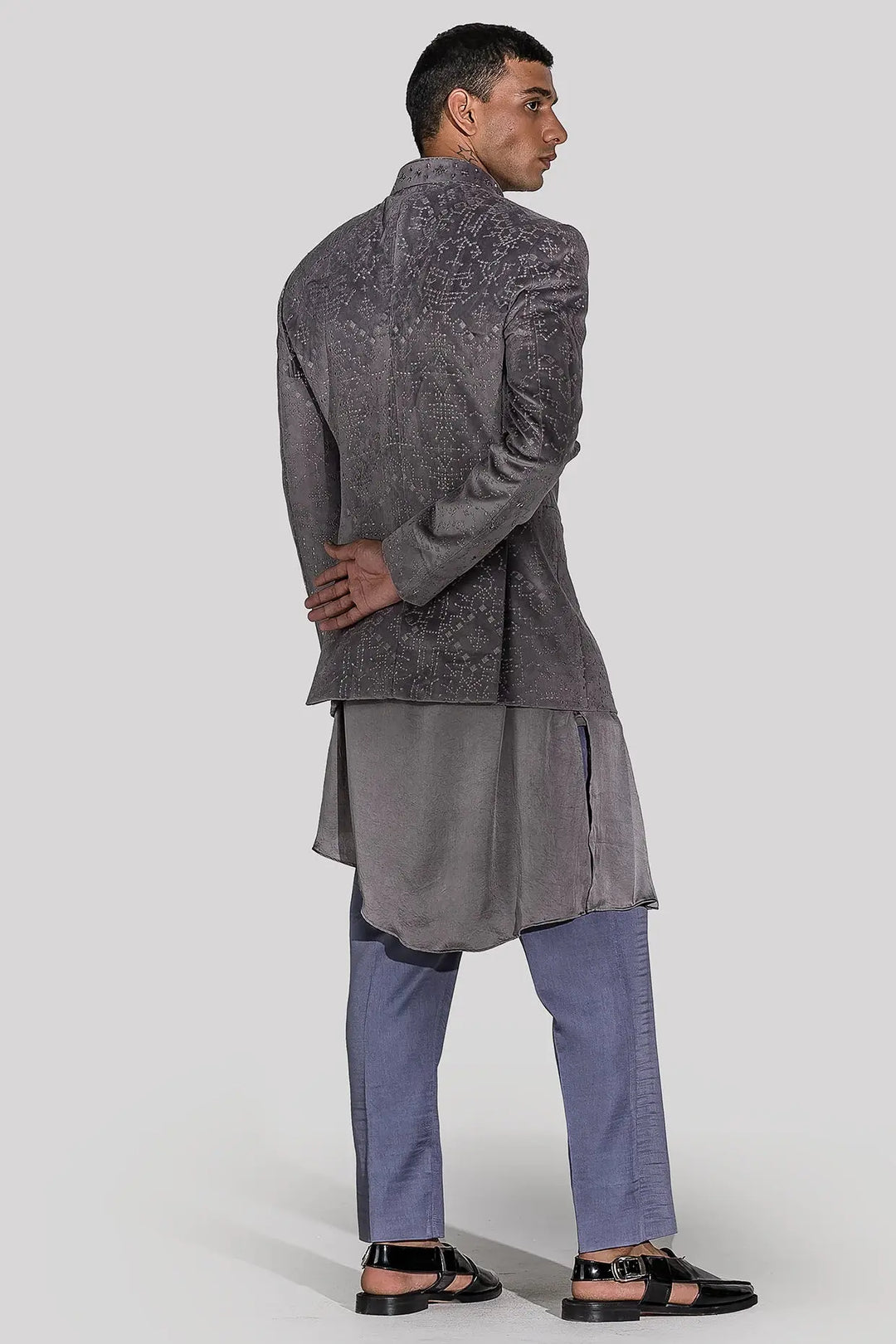 Charcoal Grey Geometric Embroidery Bandhgala - Asuka Couture