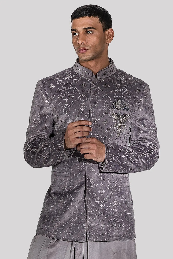 Charcoal Grey Geometric Embroidery Bandhgala - Asuka Couture