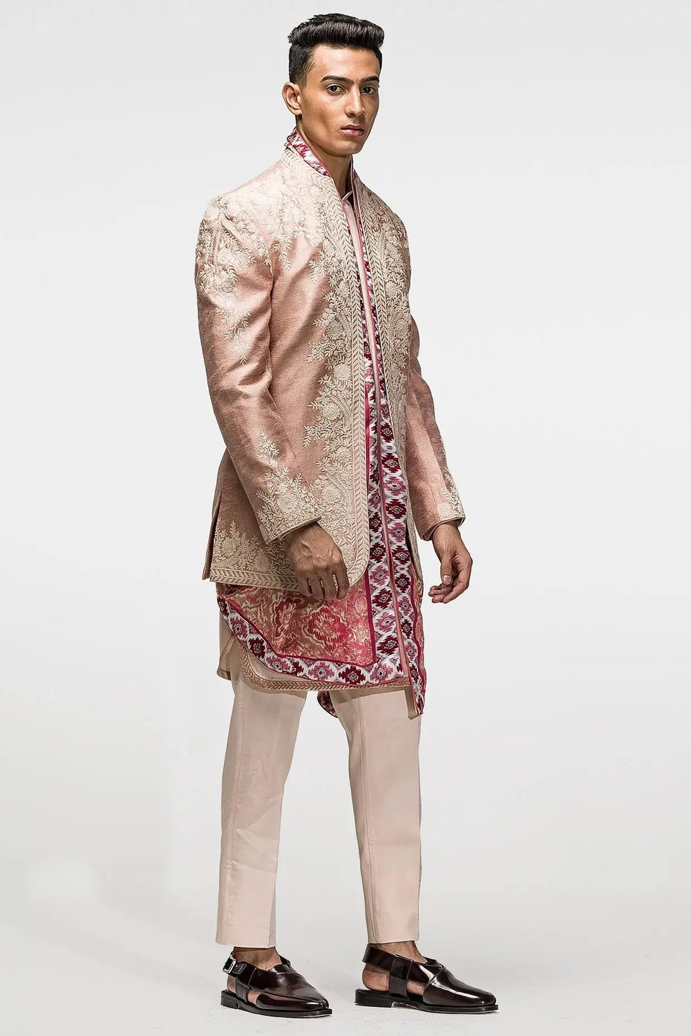 Subdued Peach Kiran Dori Embroidered Open Bandhgala - Asuka Couture