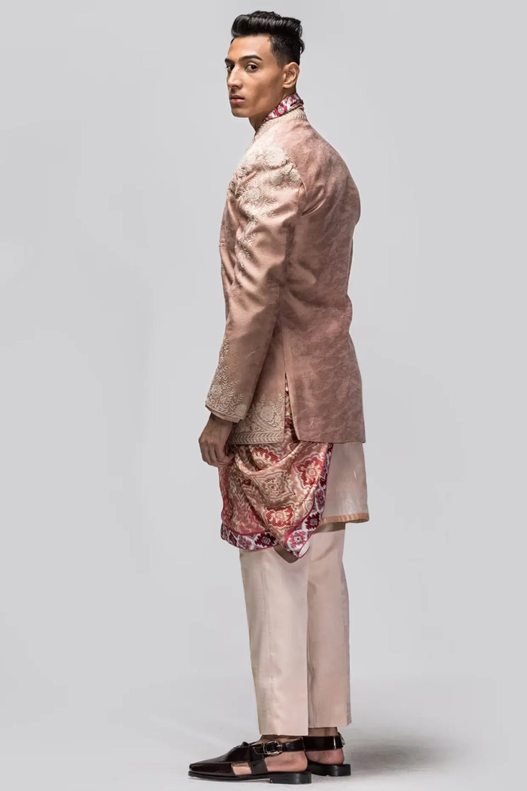 Subdued Peach Kiran Dori Embroidered Open Bandhgala - Asuka Couture