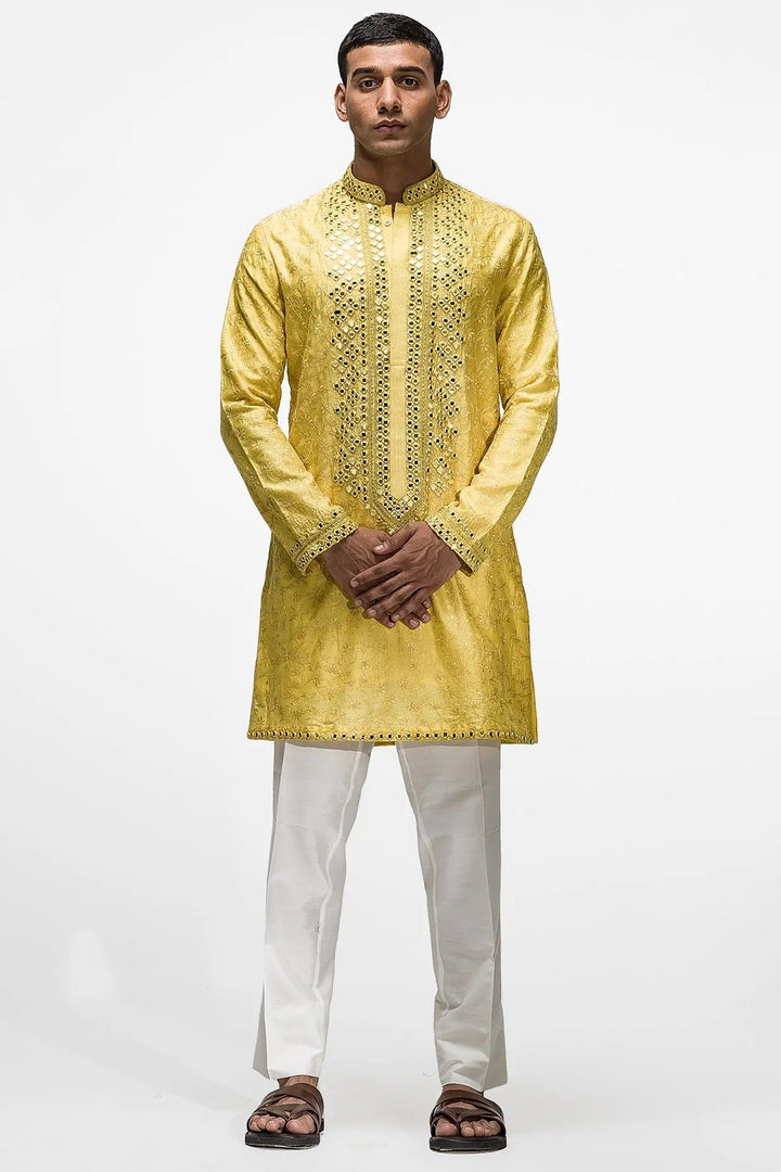 Yellow Resham Mirror Work Kurta - Asuka Couture