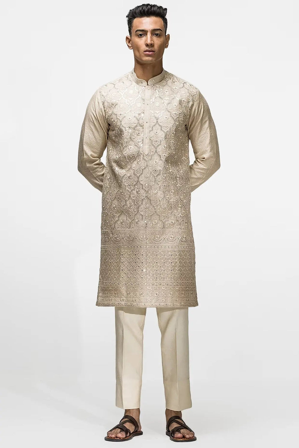 Beige Shisha Sequins Embroidery Kurta - Asuka Couture
