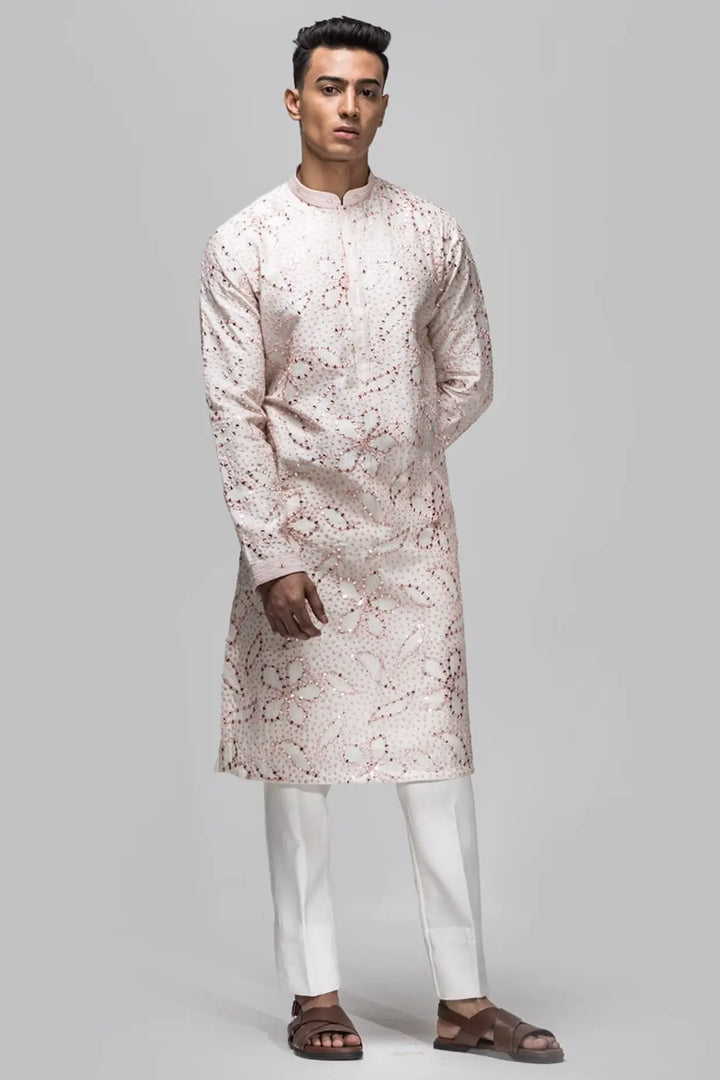 Baby Pink Floral Embroidery Kurta - Asuka Couture