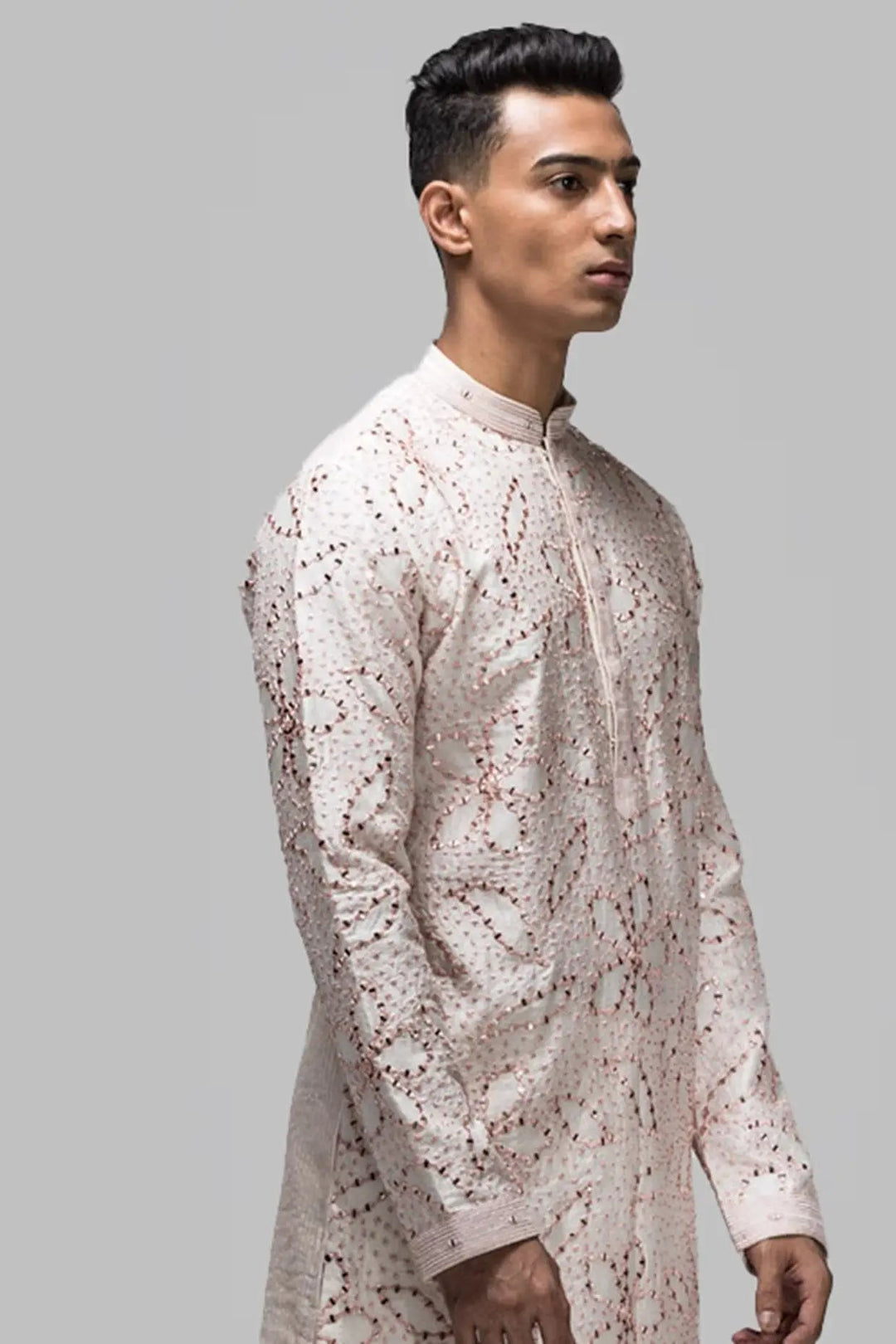Baby Pink Floral Embroidery Kurta - Asuka Couture