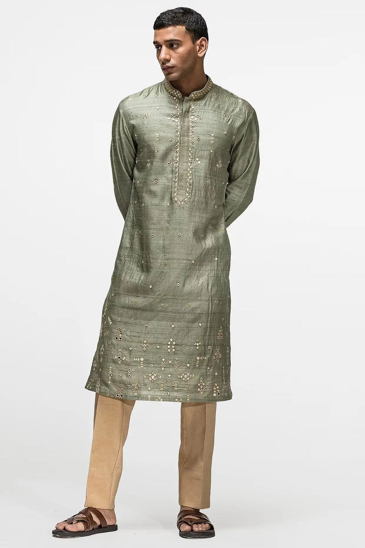 Olive Green Booti Mirror Work Kurta - Asuka Couture