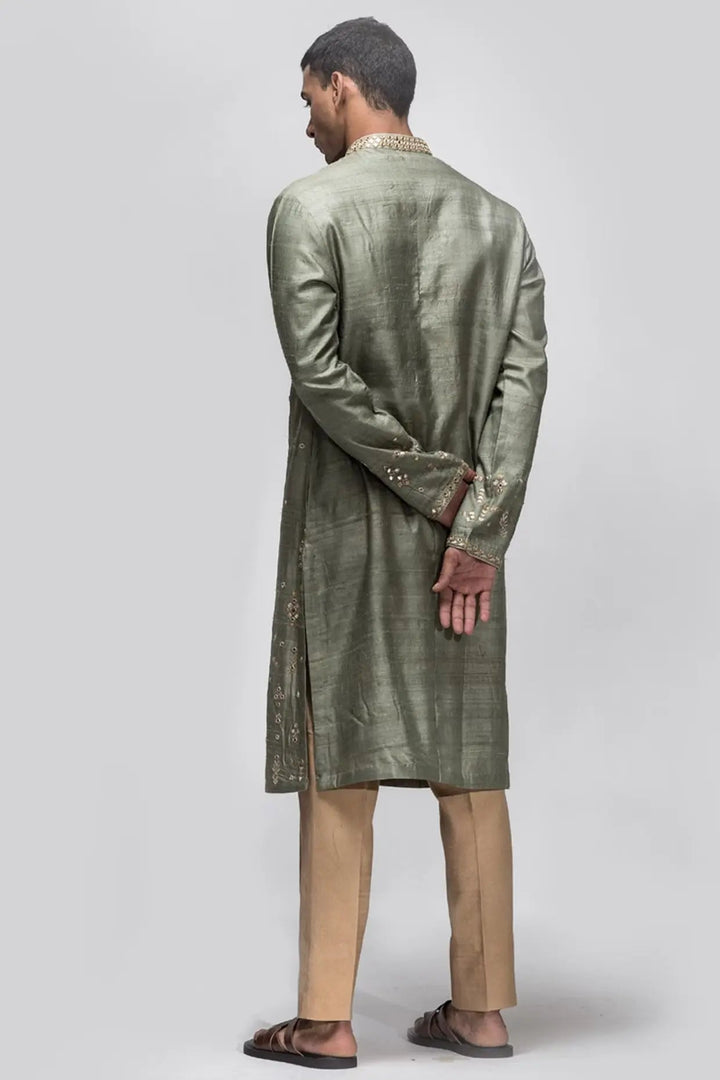 Olive Green Booti Mirror Work Kurta - Asuka Couture