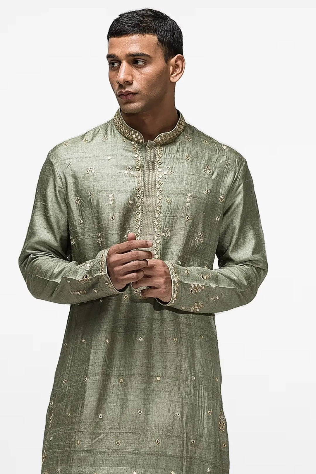Olive Green Booti Mirror Work Kurta - Asuka Couture