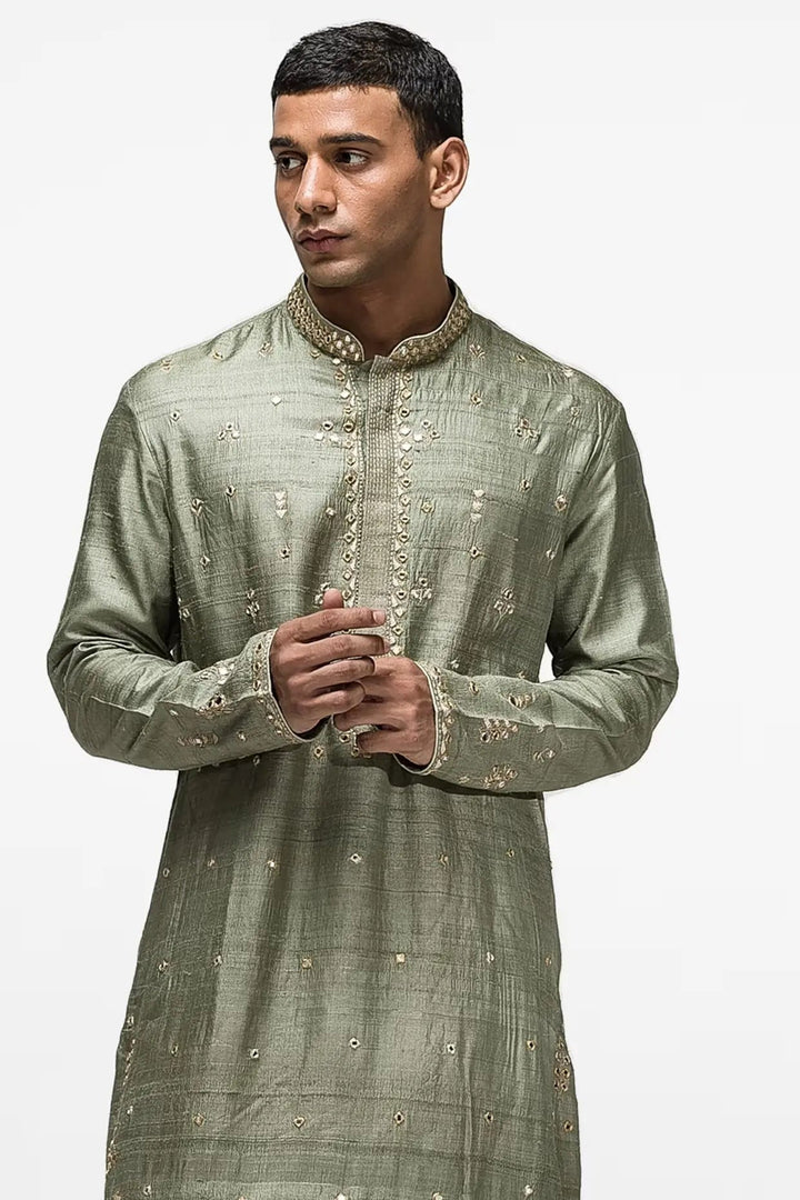 Olive Green Booti Mirror Work Kurta - Asuka Couture