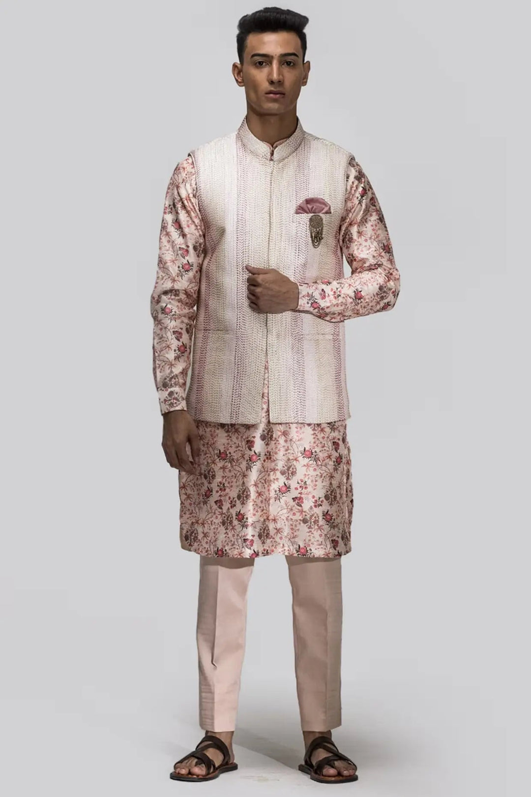 Printed Beige Kantha Stitch Work Bundi Set - Asuka Couture