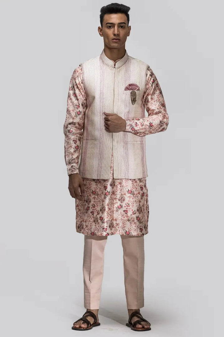 Printed Beige Kantha Stitch Work Bundi Set - Asuka Couture