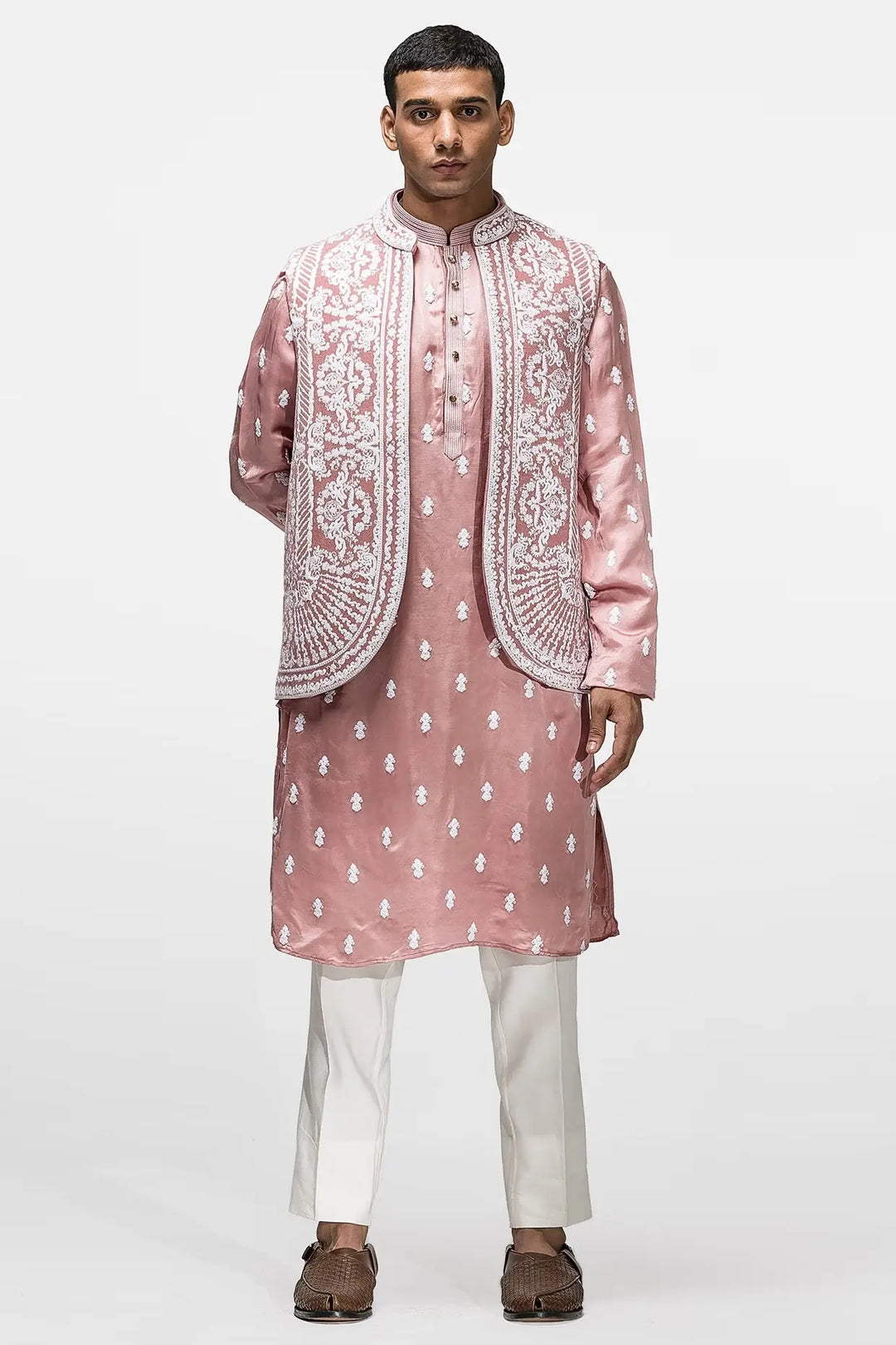 Monochrome Pink booti motif Dori Panel work Bundi Set - Asuka Couture