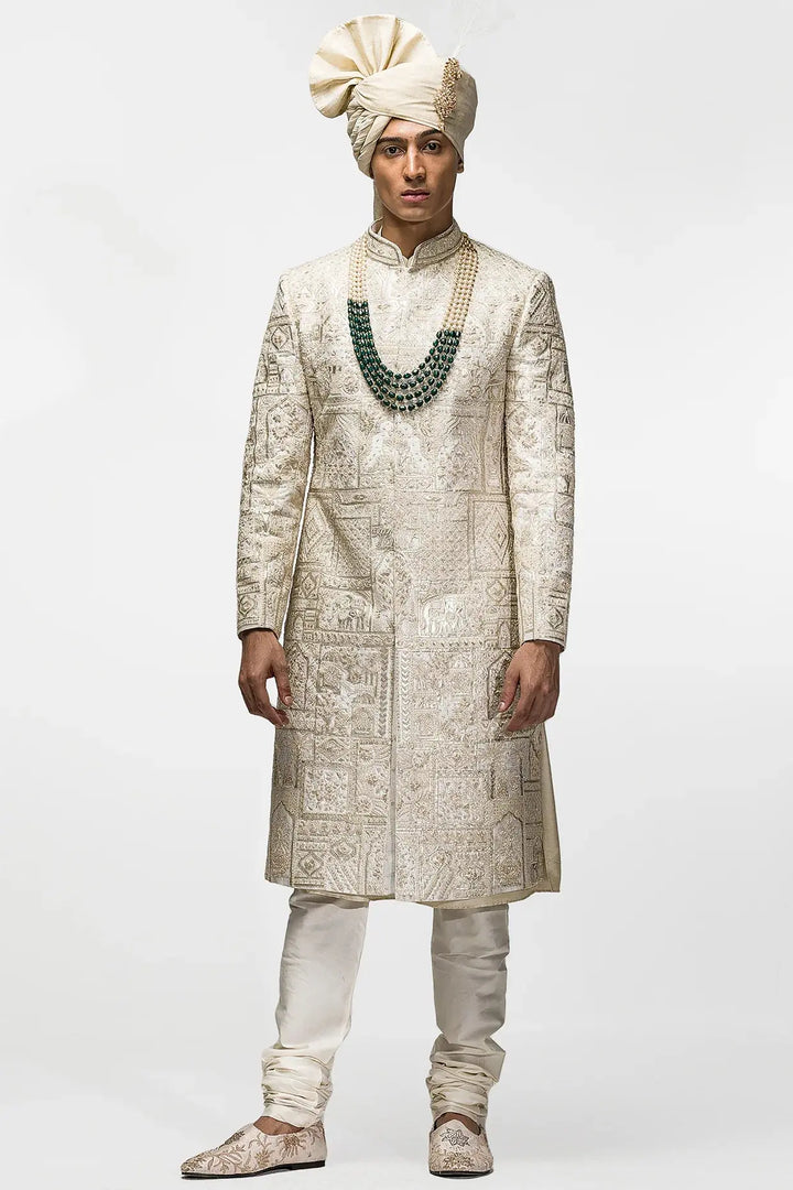 Beige Dori Gota Embroidery Sherwani - Asuka Couture