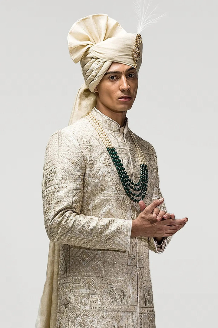 Beige Dori Gota Embroidery Sherwani - Asuka Couture