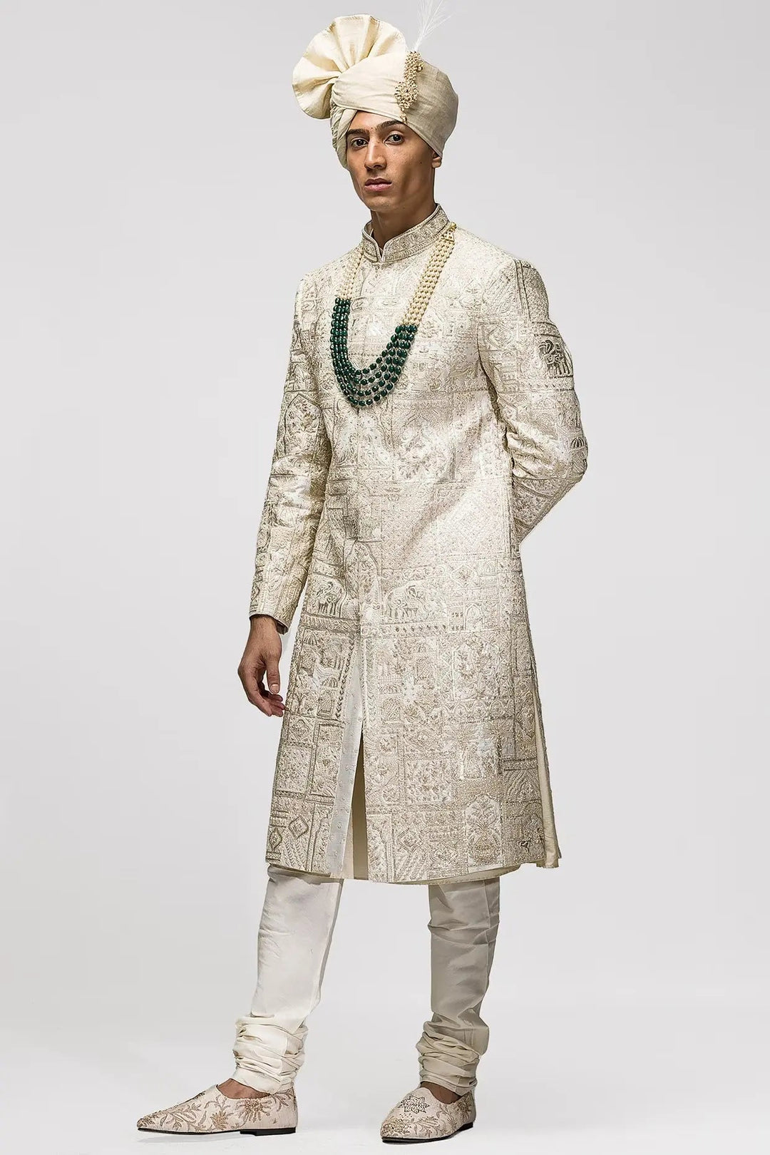 Beige Dori Gota Embroidery Sherwani - Asuka Couture