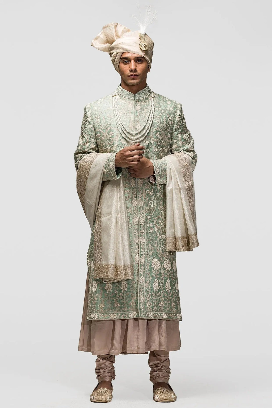 Sage Green Kiran Dori Moti Work Sherwani - Asuka Couture