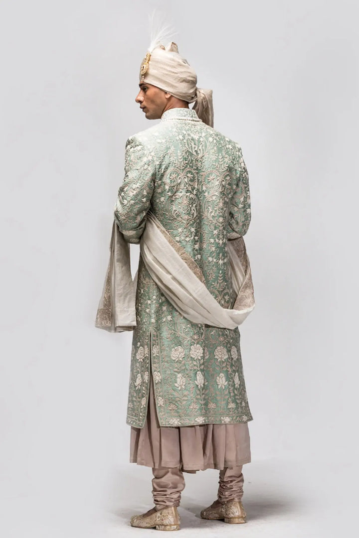 Sage Green Kiran Dori Moti Work Sherwani - Asuka Couture