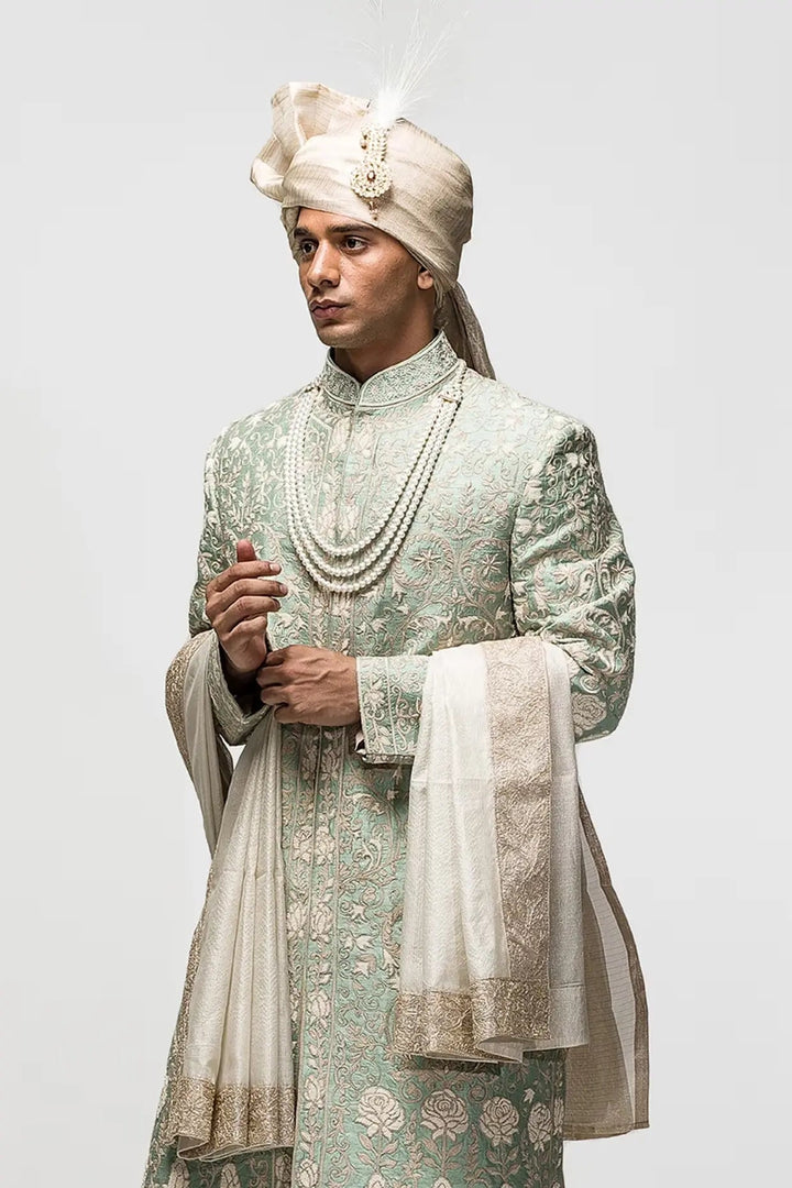 Sage Green Kiran Dori Moti Work Sherwani - Asuka Couture