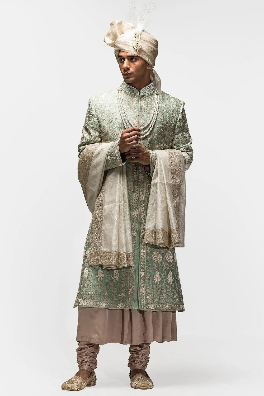 Sage Green Kiran Dori Moti Work Sherwani - Asuka Couture