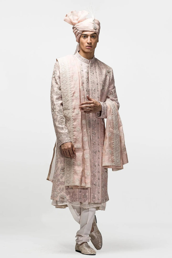 Salmon Pink Dabka Dori Work Sherwani - Asuka Couture