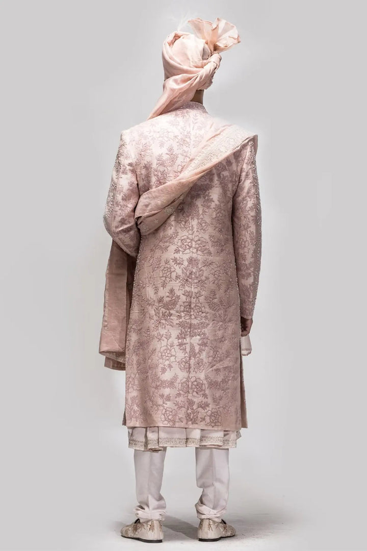 Salmon Pink Dabka Dori Work Sherwani - Asuka Couture