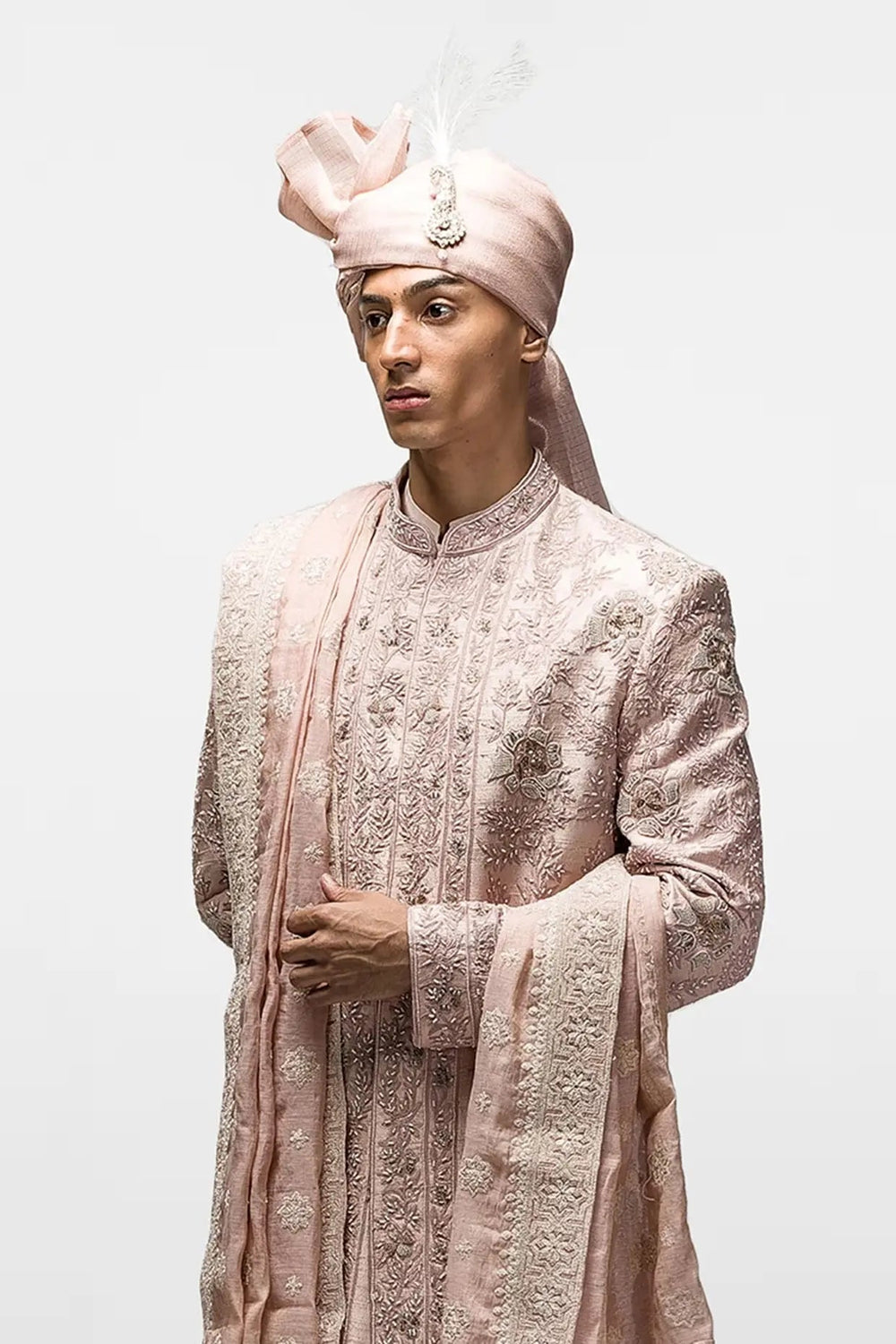 Salmon Pink Dabka Dori Work Sherwani - Asuka Couture