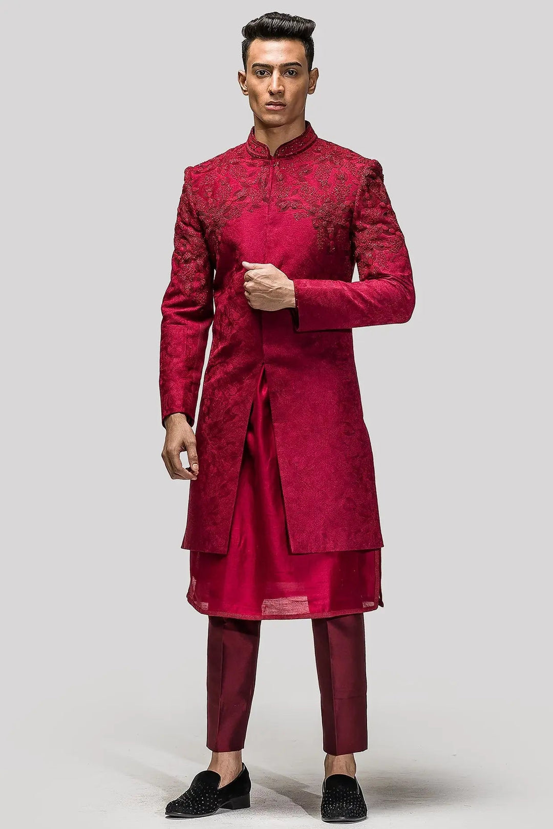 Red Sequins Katdana Embroidery Sherwani - Asuka Couture