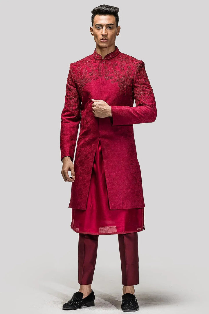 Red Sequins Katdana Embroidery Sherwani - Asuka Couture