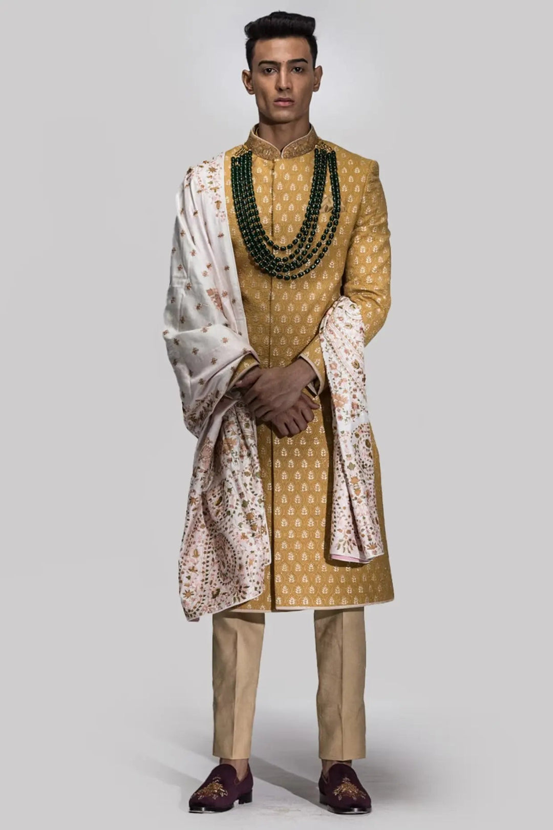 Mustard Yellow Zari Embroidery Sherwani - Asuka Couture