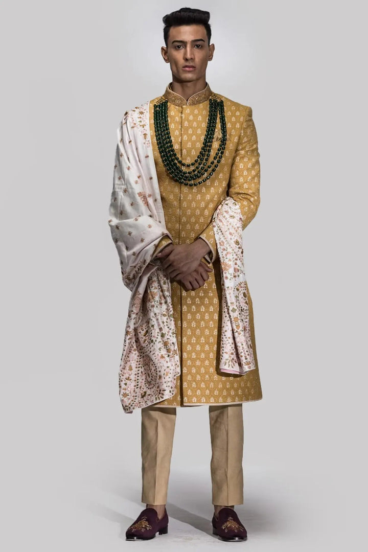 Mustard Yellow Zari Embroidery Sherwani - Asuka Couture