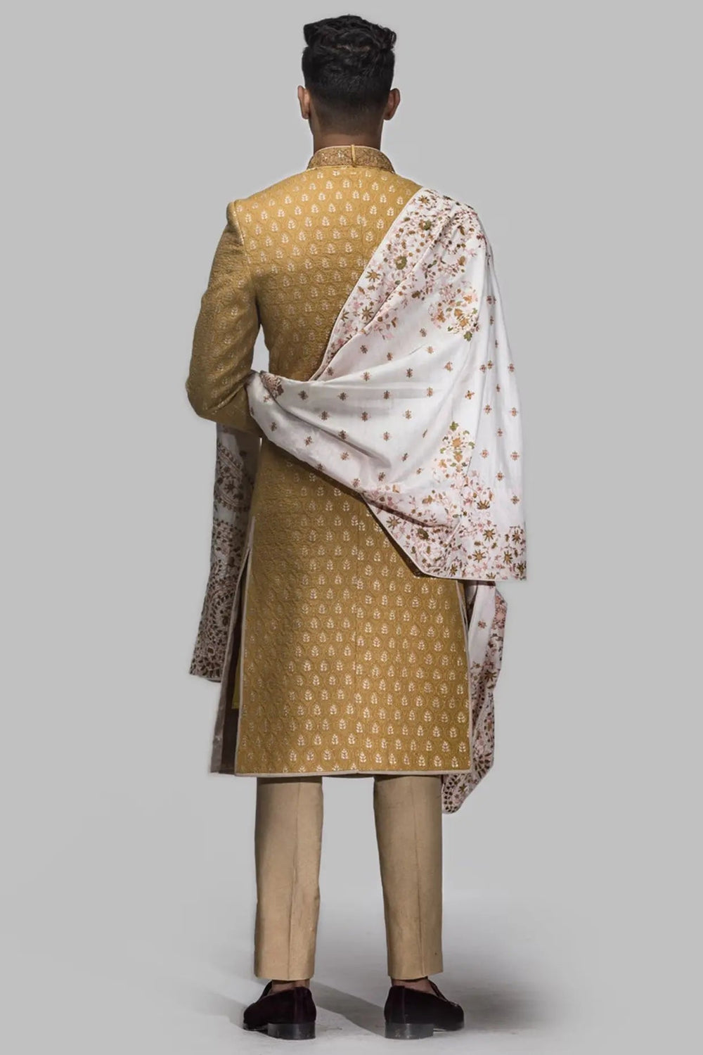 Mustard Yellow Zari Embroidery Sherwani - Asuka Couture