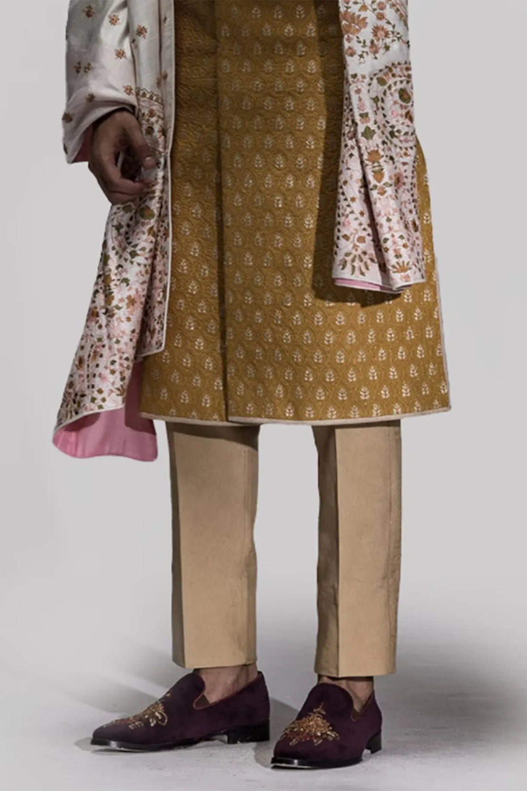Mustard Yellow Zari Embroidery Sherwani - Asuka Couture