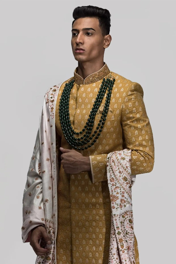 Mustard Yellow Zari Embroidery Sherwani - Asuka Couture