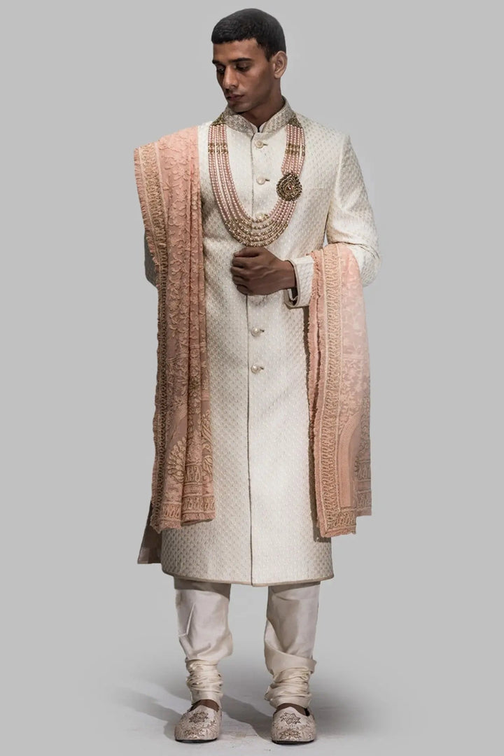 Off-White Chikankari Embroidery Sherwani - Asuka Couture