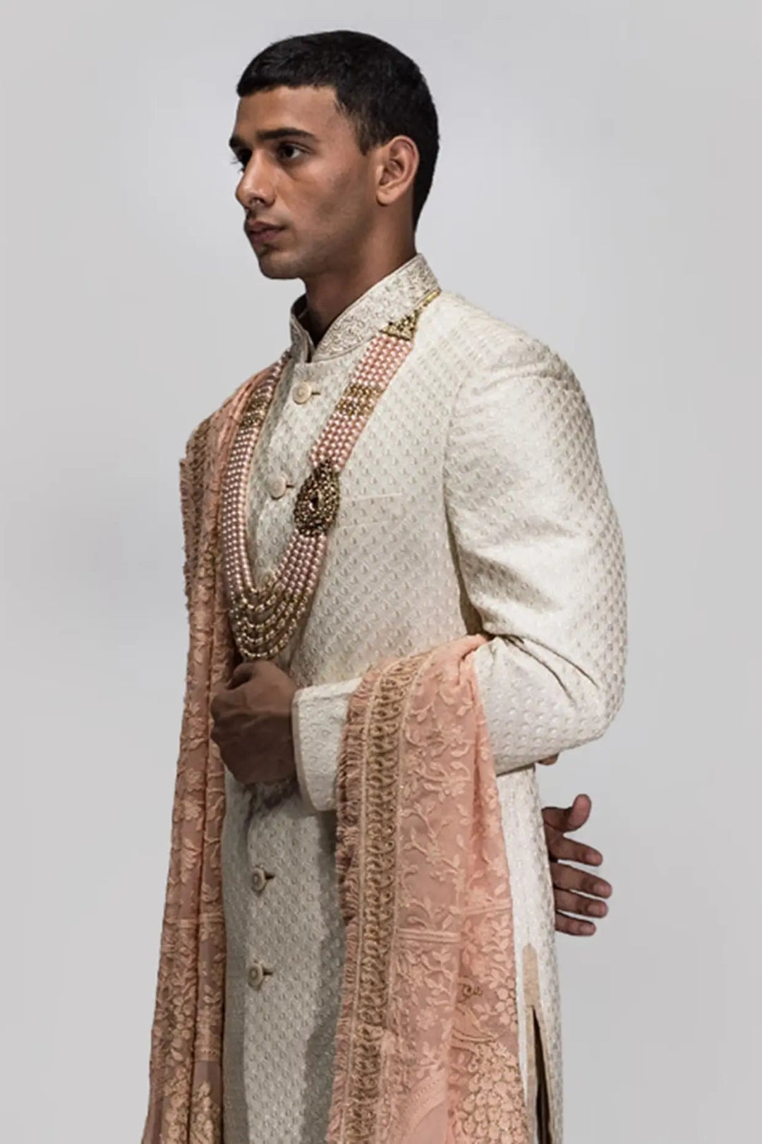 Off-White Chikankari Embroidery Sherwani - Asuka Couture
